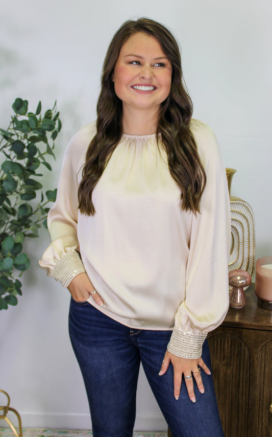 Apricot Sequin Cuff Blouse RTS